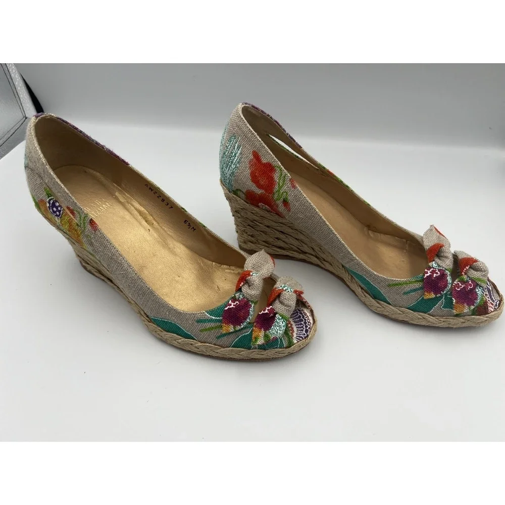 Stuart Weitzman floral wedge canvas peep toe espadrilles women's size 6.5